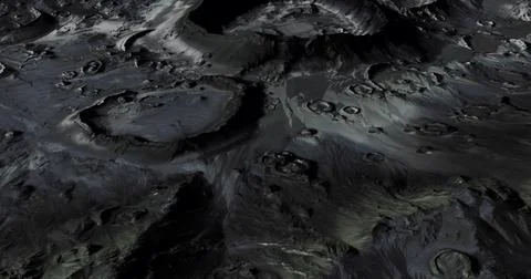 Exploring the rugged terrain of a distant moon in a dark, cratered landscape Ilustração Stock