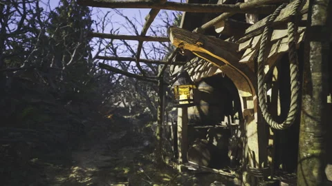 Exploring a rustic cabin surrounded by enchanted forest at dusk Stock Footage 339802209