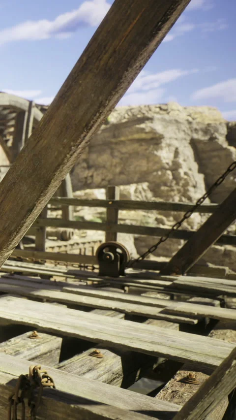 Exploring the rustic charm of an old wooden bridge in an arid landscape Stock Footage 331832354