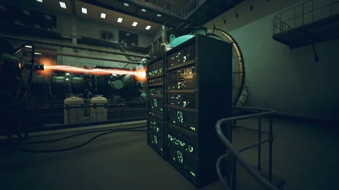 Exploring a sci fi lab with energy from an experimental device Stock Footage 317957857