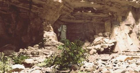 Exploring a secluded cave with rock formations and greenery in natural light Stock Illustration