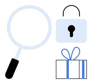 Exploring Security and Gifts with Magnifying Glass, Padlock, and Wrapped Pr.. Stock Illustration