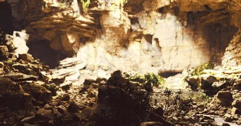 Exploring a serene cavern with natural rock formations and greenery Ilustración de archivo