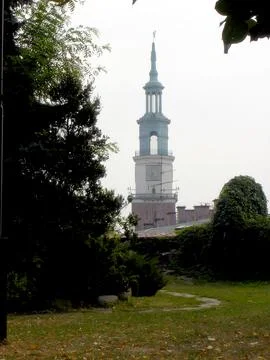 Exploring the Serene Path Through Poznan Park With Town Hall Tower Watching.. Stock Photos