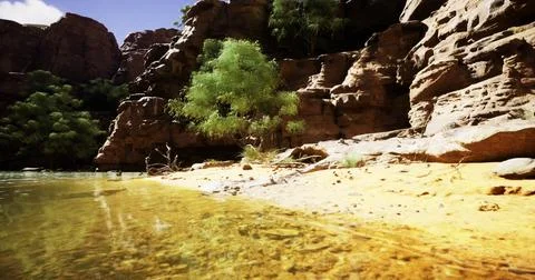 Exploring a serene riverbank surrounded by rocky cliffs and lush greenery 스톡 일러스트