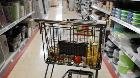 Exploring the Shopping Cart Located in a Retail Store Aisle during Your Grocery Video stock 314619192