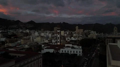 Exploring the skyline of Santa Cruz de La Palma at dusk near the iconic church Stock Footage 295514686