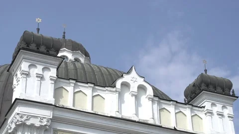 Exploring the Sofia Synagogue facade and dome against the blue sky Stock Footage 329458243
