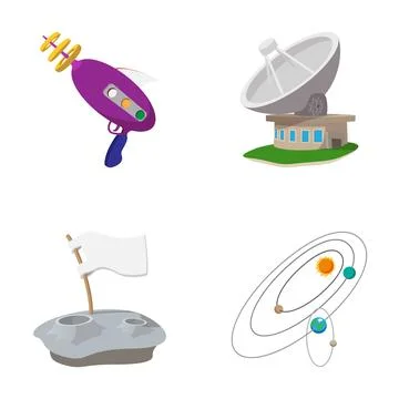 Exploring space with cartoon ray gun, observatory, moon flag Stock Illustration