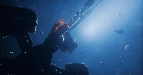 Exploring a space station amid cosmic floating debris Stock Illustration