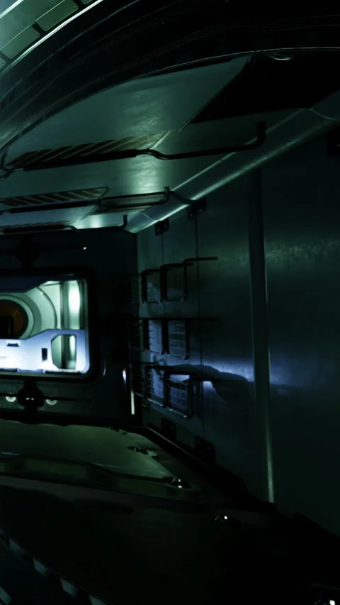 Exploring a spaceship interior with technology and lights in use Stock Footage 330342788