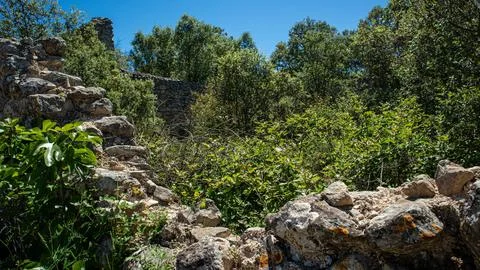 Exploring the stone ruins of an old settlement overgrown by greenery in Spa.. Foto stock