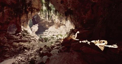 Exploring a stunning cave landscape with sunlight streaming through foliage Stock Illustration