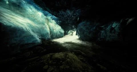 Exploring a stunning ice cave with glowing blue walls and mysterious depth Stock Illustration