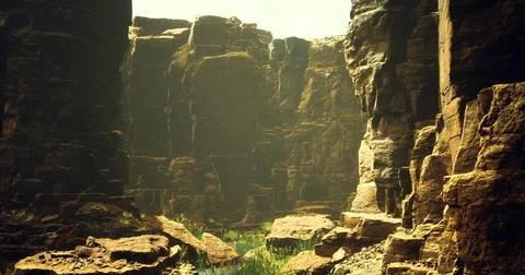 Exploring a sunlit canyon with dramatic rock formations and lush vegetation Illustrazione stock