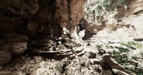 Exploring a sunlit cave with rocky formations and lush vegetation Stock Illustration