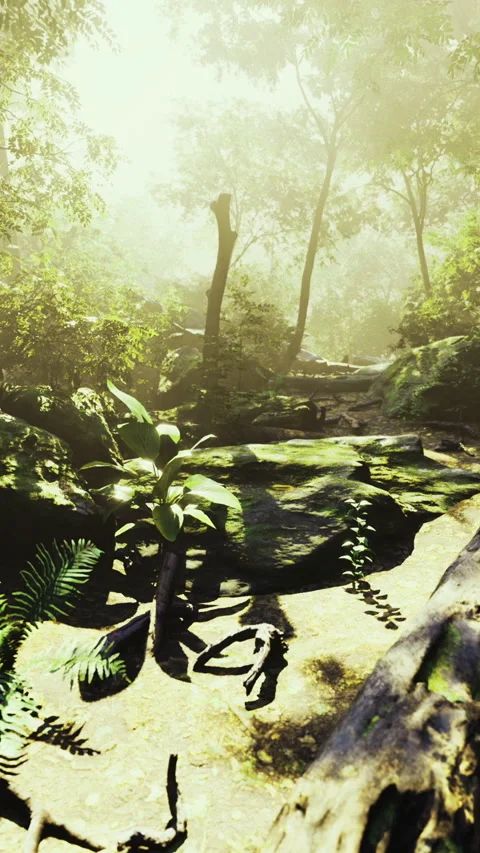 Exploring a sunlit forest path in a lush tropical rainforest paradise Vídeo Stock 329172616