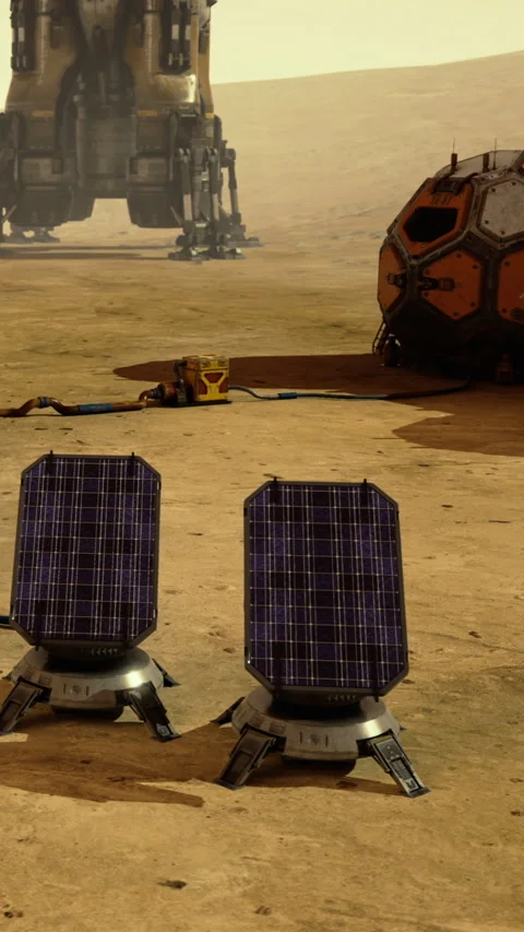 Exploring the surface of an alien planet with solar technology and habitats Stock Footage 331835874