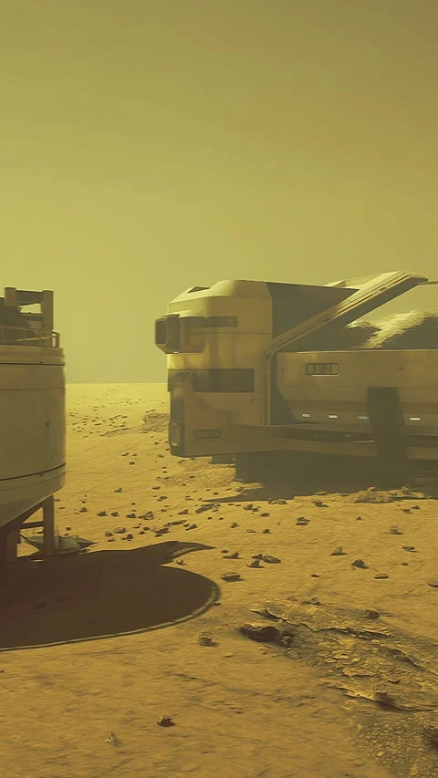 Exploring the surface of Mars with futuristic spacecraft and structures Stock Footage 325076711