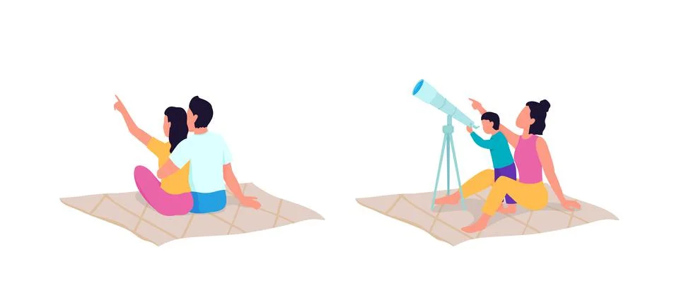 Exploring with telescope flat color vector faceless character set Stock Illustration