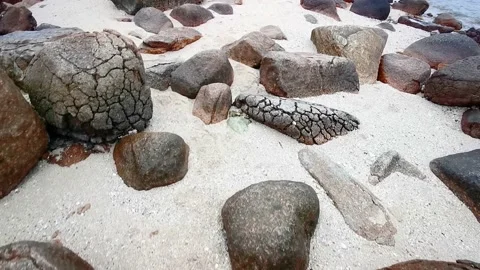 Exploring the tombolo beaches with quartz monzonite  Stock Footage 232494829