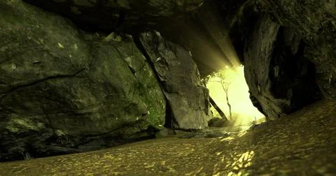 Exploring a tranquil cave with sunlight filtering through the trees Stock Illustration