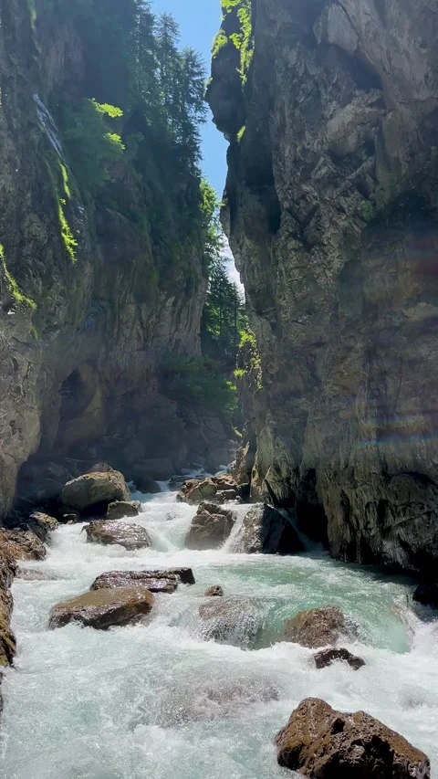 Exploring a Tranquil River Oasis Between Towering Cliffs in a Picturesque Stock Footage 314394528
