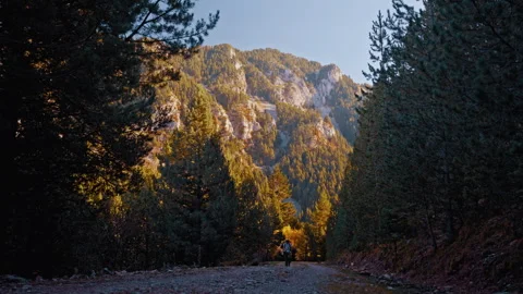 Exploring the tranquil trails of the Pyrenees in Spain at sunset Stock Footage 300392057