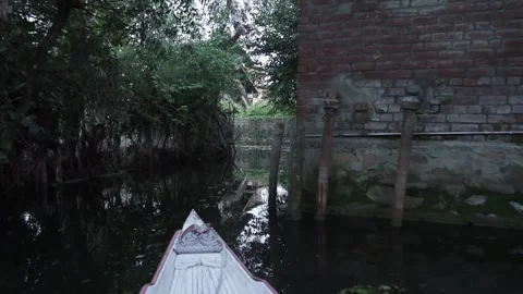Exploring the tranquil waterways of Srinagar by rowboat through the village Stock-Footage 309287409
