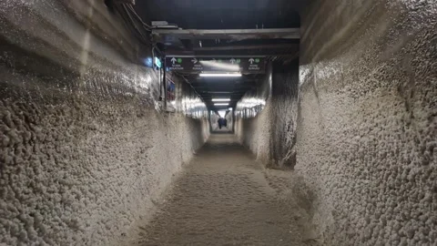 Exploring an underground mining tunnel in the Saline Turda salt mine, Romania. Stock Footage 325764525