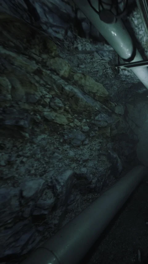 Exploring an underground tunnel with rocky walls and pipes in dim light Stock Footage 339947325