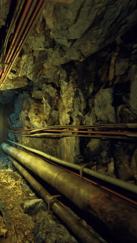 Exploring underground tunnels with pipes in a rocky mine near a cave Stock Footage 339952156
