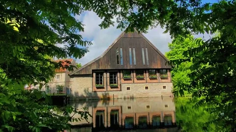 Exploring a unique building by the water surrounded by trees and nature Stock-Footage 347460258
