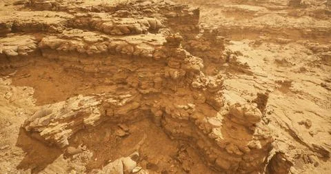 Exploring unique rock formations in a dusty desert landscape at sunset Stock Illustration