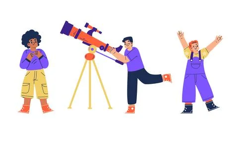 Exploring the Universe with Close Friends using a Telescope for Stargazing Stock Illustration