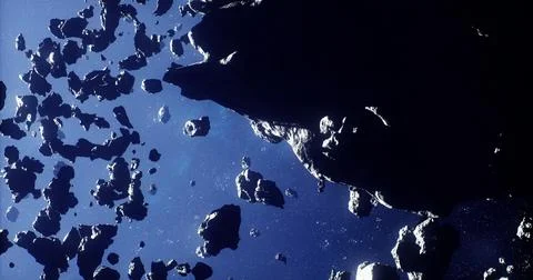 Exploring the vast field of asteroids in deep space with floating debris Stock Illustration