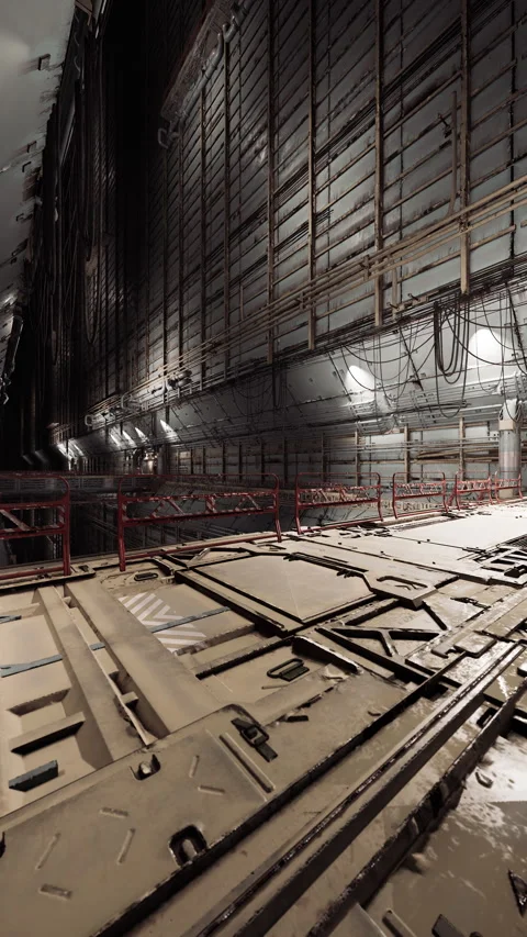 Exploring the vast interior of an abandoned industrial space at dusk Stock Footage 317959856