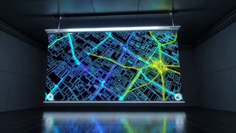 Exploring vibrant city maps illuminated with blue and yellow light in a modern e Stock Footage 297462739