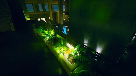 Exploring a Vibrant Indoor Space Illuminated by Soothing Greens at Night Stock Footage 348159563