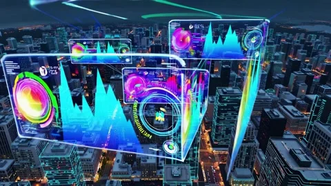 Exploring the vibrant nightlife and data visualization over a bustling city skyl Stock Footage 296417353