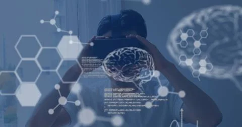 Exploring virtual reality, person using VR headset with digital brain graphics Stock Illustration