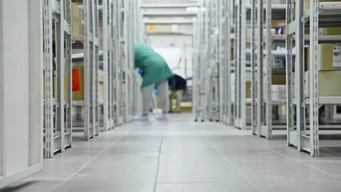 Exploring warehouse environment with workers organizing inventory efficiently Stock Footage 281072857