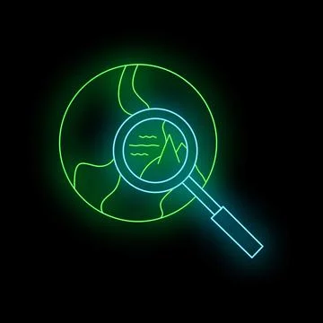 Exploring world map with magnifying glass neon glow Stock Illustration
