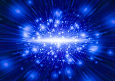 Explosion abstract of blue energy tech elements. Exploding space with stars Illustrazione stock