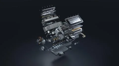 Explosion and decomposition rendering of W-type twelve-cylinder engine parts Stock Photos