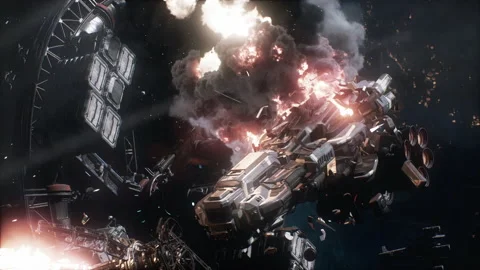 Explosion and destruction of the merchant ship in space settlements 01 Stock Footage 219971399
