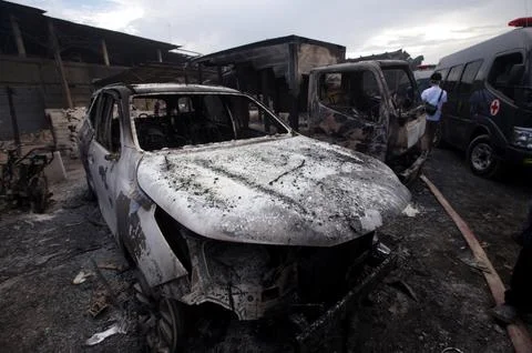 Explosion and fire destroy a firecracker factory in Banten, Jakarta, Indonesia - 写真素材