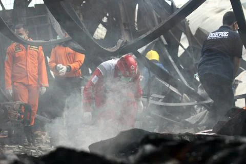 Explosion and fire destroy a firecracker factory in Banten, Jakarta, Indonesia - 写真素材