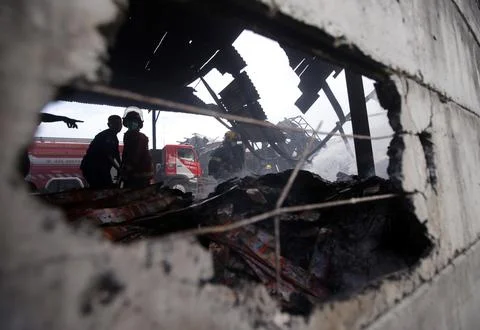 Explosion and fire destroy a firecracker factory in Banten, Jakarta, Indonesia - 写真素材