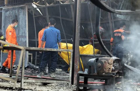 Explosion and fire destroy a firecracker factory in Banten, Jakarta, Indonesia - 写真素材